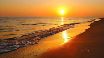 AI generated Serene beach sunset with golden sky and gentle waves photo