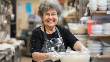 AI generated Senior baker woman happily working in her small town bakery photo