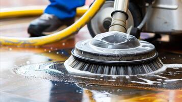 AI generated Professional cleaner using industrial equipment on floor photo