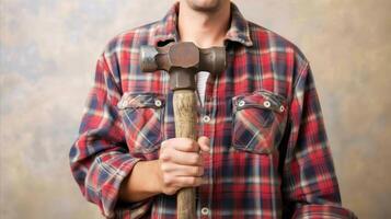 AI generated Handyman ready for work with a hammer in hand photo