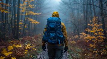 AI generated Man hiking alone through a misty autumn forest photo