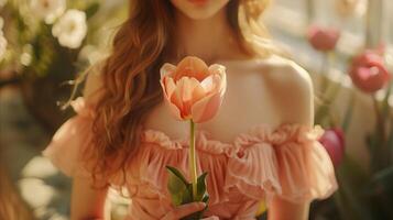 ai generado elegante mujer en rosado vestir participación un tulipán graciosamente foto