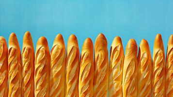 AI generated Golden brown baguettes lined up against blue background photo