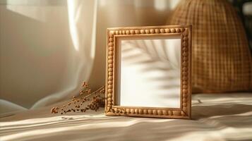 AI generated Empty wooden picture frame on a textured beige background photo