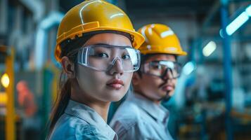 AI generated Portrait of two Asian engineers in a busy factory setting photo