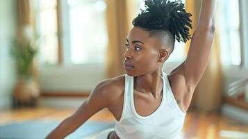 ai generado joven mujer disfrutando un pacífico yoga sesión adentro foto