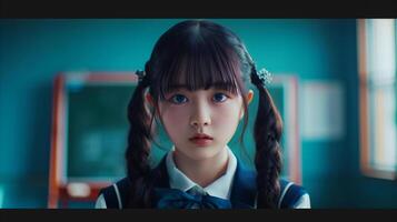 AI generated Serene Japanese schoolgirl in a classroom cinematic portrait photo