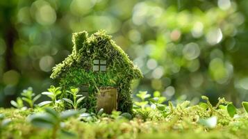 AI generated Eco-friendly living concept with house covered in moss photo