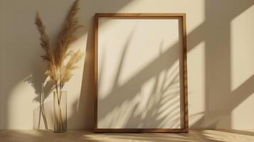 AI generated Elegant wooden picture frame with pampas grass vase photo