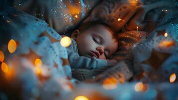 ai generado pacífico niñito dormido rodeado por calentar hada luces foto