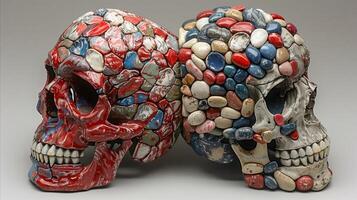 AI generated Artistic representation of skulls covered in colorful pills photo