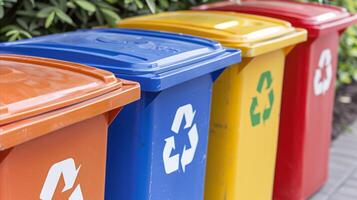 AI generated Colorful recycling bins lined up promoting sustainability photo