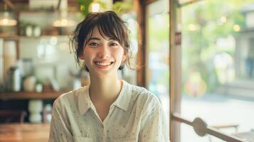 AI generated Attractive Japanese woman smiling warmly in a cafe setting photo