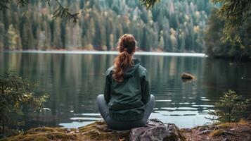 ai generado mujer meditando por un sereno lago rodeado por bosque foto