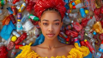 AI generated Colorful sustainable fashion amidst assorted recyclables photo