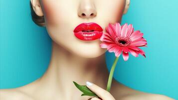 ai generado elegante belleza con vibrante rosado flor y sorprendentes rojo labios foto