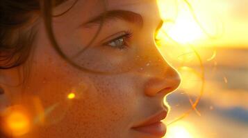 AI generated Close-up of a young woman with sun-kissed skin at sunset photo