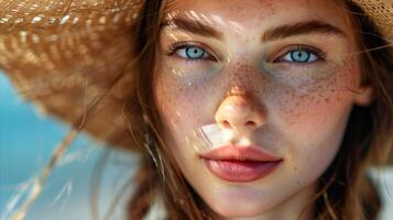 AI generated Close-up of a sun-kissed woman with a straw hat photo