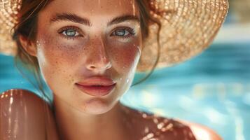 AI generated Sun-kissed woman enjoying a serene poolside summer day photo