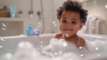 AI generated Cheerful toddler enjoying a bubble bath with floating soap bubbles photo