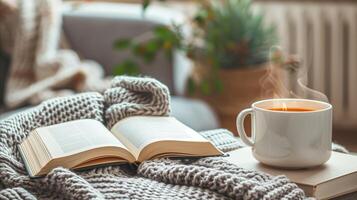 AI generated Cozy home corner with a book and lit candle photo