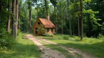 ai generado aislado cabina en un sereno bosque ajuste con luz de sol foto