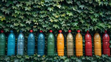 AI generated Colorful plastic bottles lined up against ivy backdrop photo