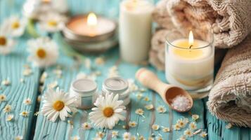 AI generated Soothing self-care items with candles and flowers on wooden table photo