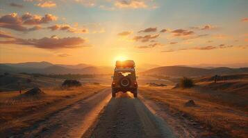 AI generated Sunset Road Trip in Rugged Landscape with Off-Road Vehicle photo