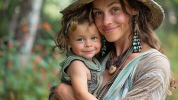 ai generado madre abrazando niño en natural al aire libre ajuste foto