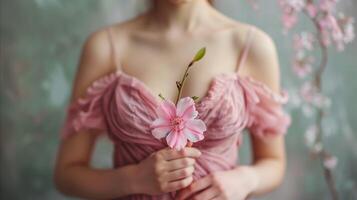 ai generado elegante mujer en un rosado vestir participación un delicado flor foto