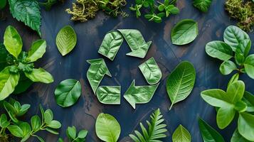 ai generado verde hojas formando reciclaje símbolo en un oscuro antecedentes foto