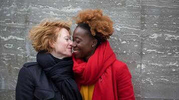 AI generated Affectionate embrace between two diverse women on a gray backdrop photo