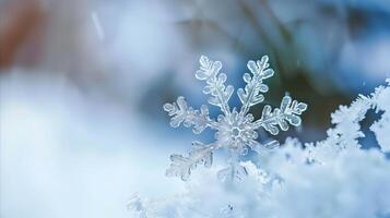 AI generated Close-up of a delicate snowflake on frosty surface photo