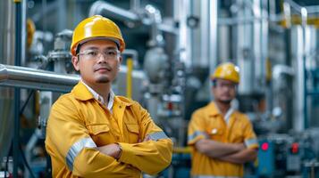 AI generated Confident Asian workers at the industrial factory site photo