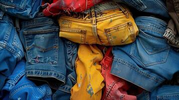 AI generated Colorful Sustainable Fashion Jeans Pile Close-Up photo