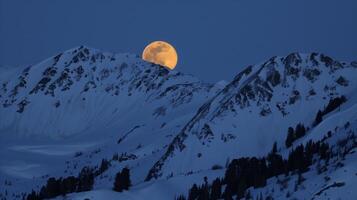 AI generated Full moon rising over snow-capped mountains during twilight photo