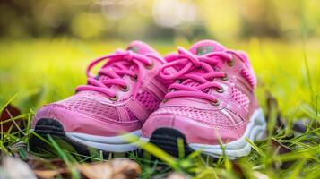 AI generated Pink sneakers in green grass with soft sunlight photo