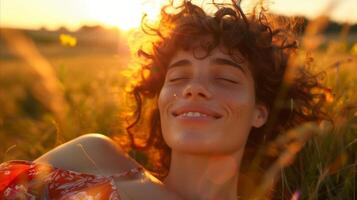 AI generated Ebullient young woman enjoying a serene sunset in a field photo