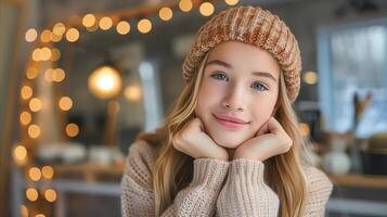 AI generated Teen girl in a cozy sweater enjoying her beauty routine photo