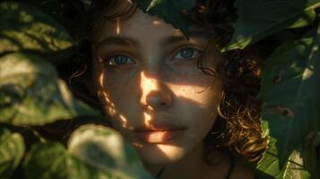 AI generated Curly hair emerging amidst lush green leaves photo