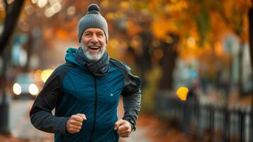 AI generated Man jogging in the park during autumn morning photo
