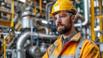 AI generated Man wearing hard hat and safety glasses on construction site photo