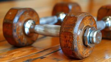 ai generado Clásico de madera pesas en un gimnasio piso Listo para rutina de ejercicio foto