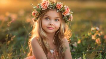ai generado encantador joven niña con floral fuente en soleado prado foto