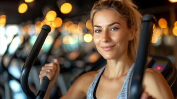 ai generado joven mujer hacer ejercicio en un elíptico entrenador a el gimnasio foto