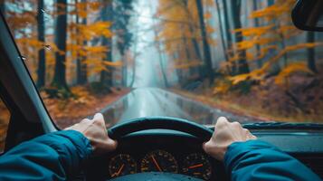 ai generado conductor perspectiva en un brumoso otoño la carretera viaje foto