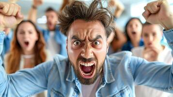 AI generated Energetic man leading a group of excited people photo