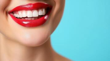 AI generated Close-up of woman smiling with red lipstick on blue background photo