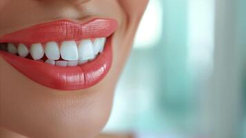 ai generado de cerca de un brillante sonrisa con Perfecto blanco dientes foto